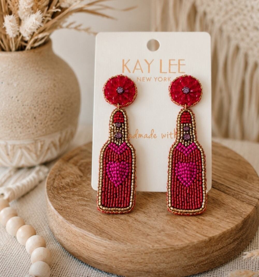 Kay Lee Red Pink Heart  Wine Bottle Beaded Earrings New